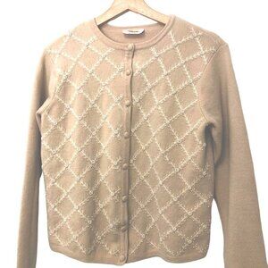 Vintage Talbots Button Front Cardigan 100% Wool Faux Pearl Embellishments Size S